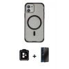 MARSİLYAN™- iPhone 11 Kılıf Eksen Klasik Koleksiyonu - Siyah 3D Antistatik Hayalet Cam Ekran Koruyucu + PVD Metal Kamera Lens - TU