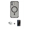 MARSİLYAN™- iPhone 11 Kılıf Eksen Klasik Koleksiyonu - Siyah 3D Antistatik Hayalet Cam Ekran Koruyucu + Pers Alüminyum Kamera Lens - YL