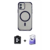 MARSİLYAN™- iPhone 11 Kılıf Eksen Klasik Koleksiyonu - Siyah Bilvis 5in1 5D Magic Hayalet Cam Ekran Koruyucu + Mavi PVD Metal Kamera Lens