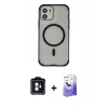 MARSİLYAN™- iPhone 11 Kılıf Eksen Klasik Koleksiyonu - Siyah Bilvis 5in1 5D Magic Hayalet Cam Ekran Koruyucu + Mavi PVD Metal Kamera Lens