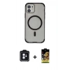 MARSİLYAN™- iPhone 11 Kılıf Eksen Klasik Koleksiyonu - Siyah Buffer Cam Ekran Koruyucu + PVD Metal Kamera Lens - MI