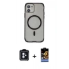 MARSİLYAN™- iPhone 11 Kılıf Eksen Klasik Koleksiyonu - Siyah Buffer Hayalet Cam Ekran Koruyucu + PVD Metal Kamera Lens - MI