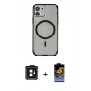 MARSİLYAN™- iPhone 11 Kılıf Eksen Klasik Koleksiyonu - Siyah Buffer Hayalet Cam Ekran Koruyucu + PVD Metal Kamera Lens - SH