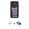 MARSİLYAN™- iPhone 11 Kılıf İz Minimal Koleksiyonu - Siyah 3D Antistatik Seramik Nano Ekran Koruyucu + Renkli Kamera Lens Koruma Cam - PE