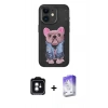 MARSİLYAN™- iPhone 11 Kılıf İz Minimal Koleksiyonu - Siyah Bilvis 5in1 3D Magic Cam Ekran Koruyucu + Yeşil PVD Metal Kamera Lens