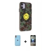 MARSİLYAN™- iPhone 11 Kılıf Nova Doku Koleksiyonu - Siyah 34D Hayalet Izgaralı Cam + Neon Fosforlu Kamera Lens - TU