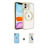 MARSİLYAN™- iPhone 11 Kılıf Nova Işık Özel Seri - Şeffaf Pasifik Cam Ekran Koruyucu + Mavi Neon Fosforlu Kamera Lens