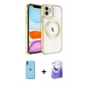 MARSİLYAN™- iPhone 11 Kılıf Nova Işık Özel Seri - Siyah Bilvis 5in1 5D Magic Hayalet Cam Ekran Koruyucu + Mavi Neon Fosforlu Kamera Lens