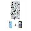 MARSİLYAN™- iPhone 11 Kılıf Pusula Form - Siyah 34D Hayalet Izgaralı Cam + Mavi Neon Fosforlu Kamera Lens