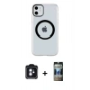 MARSİLYAN™- iPhone 11 Kılıf Pusula Form - Siyah 34D Hayalet Izgaralı Cam + PVD Metal Kamera Lens - MI