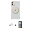 MARSİLYAN™- iPhone 11 Kılıf Pusula Form - Siyah 34D Hayalet Izgaralı Cam + Renkli Kamera Lens Koruma Cam - PE