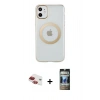 MARSİLYAN™- iPhone 11 Kılıf Pusula Form - Siyah 34D Hayalet Izgaralı Cam + Pers Alüminyum Kamera Lens - KI