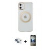 MARSİLYAN™- iPhone 11 Kılıf Pusula Form - Siyah 34D Hayalet Izgaralı Cam + Pers Alüminyum Kamera Lens - LT