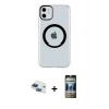 MARSİLYAN™- iPhone 11 Kılıf Pusula Form - Siyah 34D Hayalet Izgaralı Cam + Pers Alüminyum Kamera Lens - LT