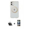 MARSİLYAN™- iPhone 11 Kılıf Pusula Form - Siyah 34D Hayalet Izgaralı Cam + Şeffaf Kamera Lens Koruma Cam
