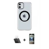 MARSİLYAN™- iPhone 11 Kılıf Pusula Form - Siyah 34D Hayalet Izgaralı Cam + Şeffaf Kamera Lens Koruma Cam