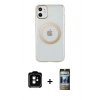 MARSİLYAN™- iPhone 11 Kılıf Pusula Form - Siyah 34D Hayalet Izgaralı Cam + PVD Metal Kamera Lens - TU