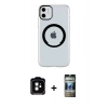 MARSİLYAN™- iPhone 11 Kılıf Pusula Form - Siyah 34D Hayalet Izgaralı Cam + PVD Metal Kamera Lens - TU