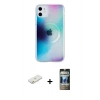 MARSİLYAN™- iPhone 11 Kılıf Pusula Form - Siyah 34D Hayalet Izgaralı Cam + Turuncu Renkli Kamera Lens Koruma Cam