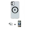 MARSİLYAN™- iPhone 11 Kılıf Pusula Form - Siyah 34D Hayalet Izgaralı Cam + Pers Alüminyum Kamera Lens - YL