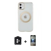 MARSİLYAN™- iPhone 11 Kılıf Pusula Form - Siyah 34D Hayalet Izgaralı Cam + PVD Metal Kamera Lens - YL