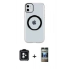 MARSİLYAN™- iPhone 11 Kılıf Pusula Form - Siyah 34D Hayalet Izgaralı Cam + PVD Metal Kamera Lens - YL