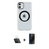 MARSİLYAN™- iPhone 11 Kılıf Pusula Form - Siyah 3D Antistatik Hayalet Cam Ekran Koruyucu + Şeffaf Kamera Lens Koruma Cam
