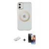 MARSİLYAN™- iPhone 11 Kılıf Pusula Form - Siyah 3D Antistatik Mat Seramik Nano Ekran Koruyucu + Turuncu Renkli Kamera Lens Koruma Cam