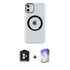 MARSİLYAN™- iPhone 11 Kılıf Pusula Form - Siyah Bilvis 5in1 3D Magic Cam Ekran Koruyucu + Mavi PVD Metal Kamera Lens