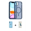 MARSİLYAN™- iPhone 11 Kılıf Siluet Minimal Prime - Şeffaf Pasifik Cam Ekran Koruyucu + Mavi Neon Fosforlu Kamera Lens