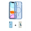 MARSİLYAN™- iPhone 11 Kılıf Siluet Minimal Prime - Şeffaf Pasifik Cam Ekran Koruyucu + Mavi Neon Fosforlu Kamera Lens