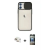 MARSİLYAN™- iPhone 11 Kılıf Vadi Çizgi - Siyah 34D Hayalet Izgaralı Cam + Pers Alüminyum Kamera Lens - GD