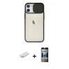 MARSİLYAN™- iPhone 11 Kılıf Vadi Çizgi - Siyah 34D Hayalet Izgaralı Cam + Renkli Kamera Lens Koruma Cam - PE