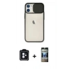 MARSİLYAN™- iPhone 11 Kılıf Vadi Çizgi - Siyah 34D Hayalet Izgaralı Cam + PVD Metal Kamera Lens - MI