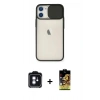 MARSİLYAN™- iPhone 11 Kılıf Vadi Çizgi - Siyah Buffer Cam Ekran Koruyucu + Mavi PVD Metal Kamera Lens