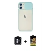 MARSİLYAN™- iPhone 11 Kılıf Vadi Çizgi - Siyah Buffer Cam Ekran Koruyucu + Mavi PVD Metal Kamera Lens
