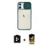 MARSİLYAN™- iPhone 11 Kılıf Vadi Çizgi - Siyah Buffer Cam Ekran Koruyucu + Turuncu PVD Metal Kamera Lens