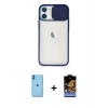MARSİLYAN™- iPhone 11 Kılıf Vadi Çizgi - Siyah Buffer Hayalet Cam Ekran Koruyucu + Mavi Neon Fosforlu Kamera Lens