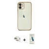 MARSİLYAN™- iPhone 11 Kılıf Vadi Minimal - Şeffaf Pasifik Cam Ekran Koruyucu + Pers Alüminyum Kamera Lens - GD
