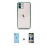 MARSİLYAN™- iPhone 11 Kılıf Vadi Minimal - Siyah 34D Hayalet Izgaralı Cam + Neon Fosforlu Kamera Lens - MI