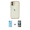 MARSİLYAN™- iPhone 11 Kılıf Vadi Minimal - Siyah 34D Hayalet Izgaralı Cam + Neon Fosforlu Kamera Lens - MI