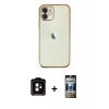 MARSİLYAN™- iPhone 11 Kılıf Vadi Minimal - Siyah 34D Hayalet Izgaralı Cam + PVD Metal Kamera Lens - TU