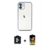 MARSİLYAN™- iPhone 11 Kılıf Vadi Minimal - Siyah Buffer Cam Ekran Koruyucu + Mavi PVD Metal Kamera Lens