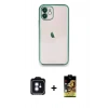 MARSİLYAN™- iPhone 11 Kılıf Vadi Minimal - Siyah Buffer Cam Ekran Koruyucu + Mavi PVD Metal Kamera Lens