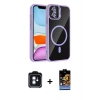 MARSİLYAN™- iPhone 11 Kılıf Yadigar Asil Koleksiyonu - Siyah Buffer Hayalet Cam Ekran Koruyucu + Mavi PVD Metal Kamera Lens
