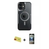 MARSİLYAN™- iPhone 11 Kılıf Yadigar Klasik Özel Seri - Siyah 34D Hayalet Izgaralı Cam + Kırmızı Rainbow Kamera Lens Koruma Cam