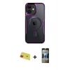 MARSİLYAN™- iPhone 11 Kılıf Yadigar Klasik Özel Seri - Siyah 34D Hayalet Izgaralı Cam + Kırmızı Rainbow Kamera Lens Koruma Cam
