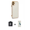 MARSİLYAN™- iPhone 11 Kılıf Yankı Serisi - Şeffaf Pasifik Cam Ekran Koruyucu + PVD Metal Kamera Lens - SH