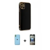 MARSİLYAN™- iPhone 11 Kılıf Yankı Serisi - Siyah 34D Hayalet Izgaralı Cam + Neon Fosforlu Kamera Lens - YL