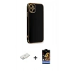 MARSİLYAN™- iPhone 11 Kılıf Yankı Serisi - Siyah Buffer Hayalet Cam Ekran Koruyucu + Pembe Renkli Kamera Lens Koruma Cam